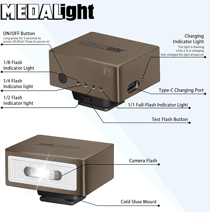 F1 Mini Camera Flash Camera Flash Speedlite for Ricoh (GR3/GR3X,etc.) Fuji/Sony ZV1/Nikon/Canon,Digital Film Cameras,Portable Mini hot Shoe Flashlight for DSLR Cameras.(Brown Rosegold)