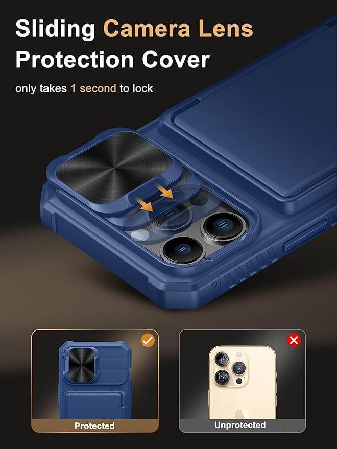 Vihibii for iPhone 13 Pro Case with Card Holder (4 Cards), [RFID Blocking] & Slide Camera Cover, Military Grade Drop Protection, Heavy Duty Shockproof Wallet Cover for iPhone 13 Pro, 6.1" 2021, Blue