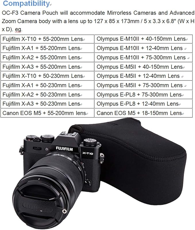 JJC Black Ultra Light Neoprene Camera Case for Fujifilm Fuji X-T100 X-T30 X-T20 X-T10 +50-200mm/50-230mm Lens, Pouch Bag for Olympus E-PL8 E-M5II E-M10 II, Canon M50 M5 with Telephoto lense