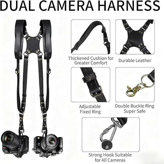 Camera Harness,Black Camera Straps for Photographers,Leather Dual Camera Strap for Two DSLR/SLR Cameras