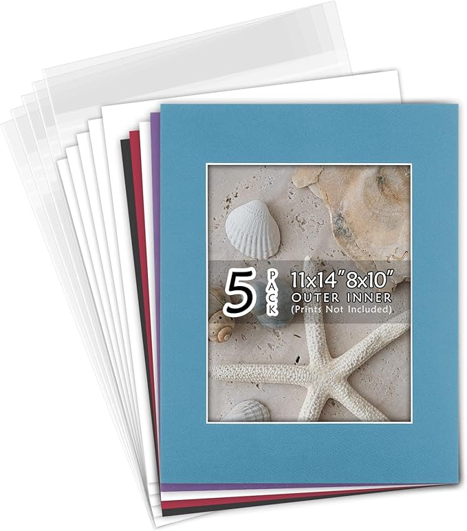 Golden State Art, Acid Free, Pack of 5, 11x14 Mixed Color Picture Mats Mattes with White Core Bevel Cut for 8x10 Photo + Backing + Bags