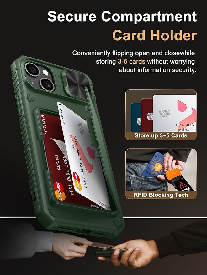Vihibii for iPhone 15 Plus/iPhone 14 Plus Wallet Case, Built-in Card Holder (4 Cards), [RFID Blocking] & Slide Camera Cover, Military Grade Drop Protection, TPU Soft Edge Wallet Phone Case, Green