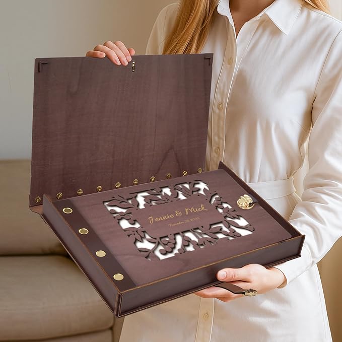 Custom Wedding Scrapbook Album, Personalized Wooden Wedding Photo Albums Hollow Carved Flowers and Engraved Names, Couples Scrapbook Anniversary Memory Birthday Engagement Keepsake Gifts