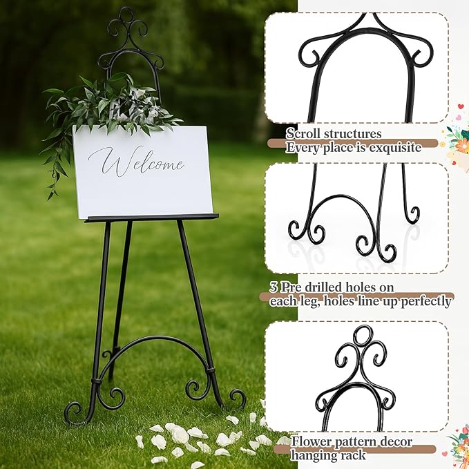 1 Pcs 71.25"H Extra Large Wedding Black Metal Scroll Easel Stand Floor-Standing Vintage Rustic Adjustable Display Stand Easel with Chain Support for Sign Wedding Picture Poster Frame Mirror