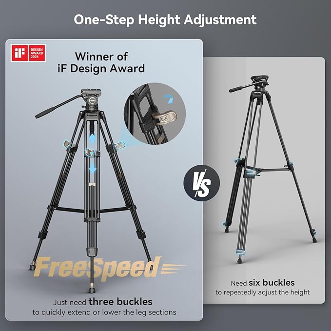 SmallRig AD-80 FreeBlazer Heavy-Duty Video Tripod System, 75" Tall, Fluid Head, One-Step Height Adjust, Dual-Mode QR Plate, Load up to 17lbs, Professional Tripod for Camera