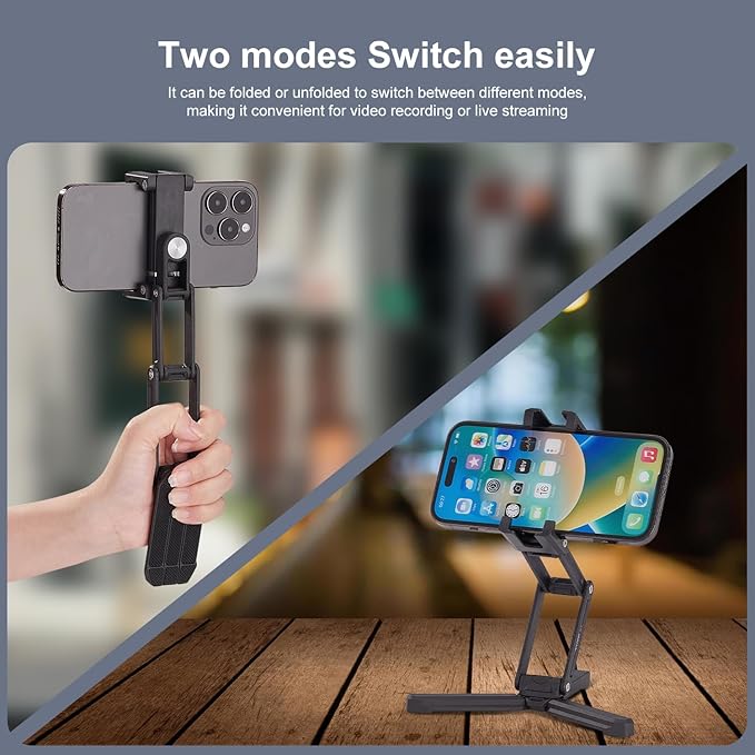 Phone Tripod Mount with Cold Shoes, Metal Smartphone Adapter Compatible with iPhone, Multi Angle Tri Fold Cell Phone Holder, Handheld Grip for Streaming Vlog CP-15