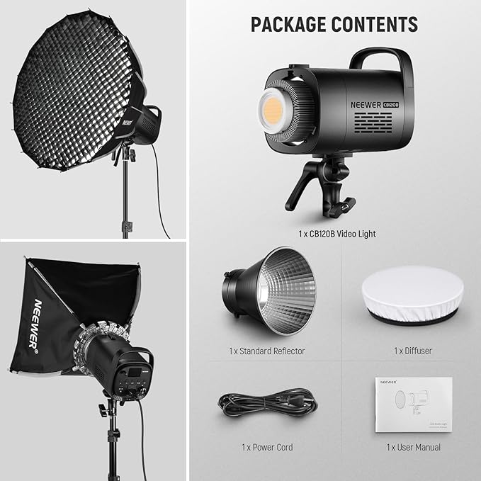 NEEWER CB120B 120W LED Video Light with 2.4G&APP Control COB Bi Color 2700K-6500K 78000lux at 1m/CCT Mode/CRI97/12 Scenes/Bowens Mount Continuous Output Lighting for Studio Photography/Video Recording
