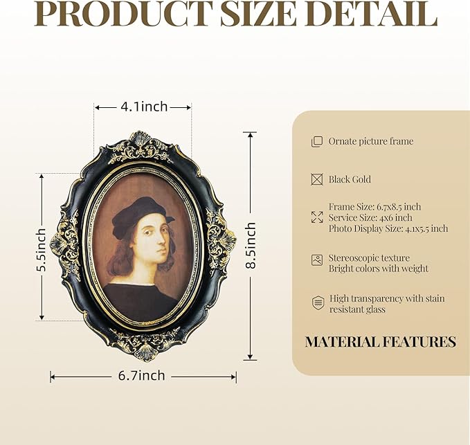 Cuspin 4x6 Oval Picture Frame, Vintage Ornate Baroque Black and Gold Resin Photo Frame with Glass Front, Wall Hanging or Tabletop Display