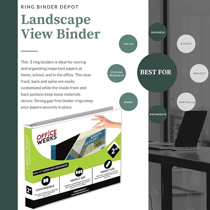 8.5" X 11" Landscape View Binder, 3-Ring 2 Inch Capacity Round Ring, White Horizontal Formatted with Clear Cover Pockets for Documents, Spreadsheets, Projects and More