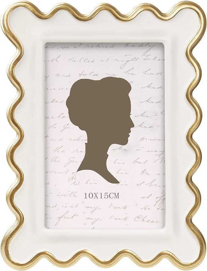 AELS 4x6 Inch Vintage Scalloped Picture Frame, Cream Whte and Gold Mid Century Modern Antique Photo Frames with Glass Front, Photo Display, Tabletop Wall Hanging, Gift Ideas