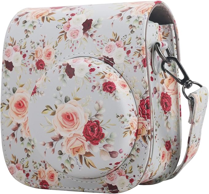 Frankmate Protective Case Compatible with Fujifilm Instax Mini 12 11 9 8 Instant Film Camera with Pocket and Adjustable Strap (Retro Rose)