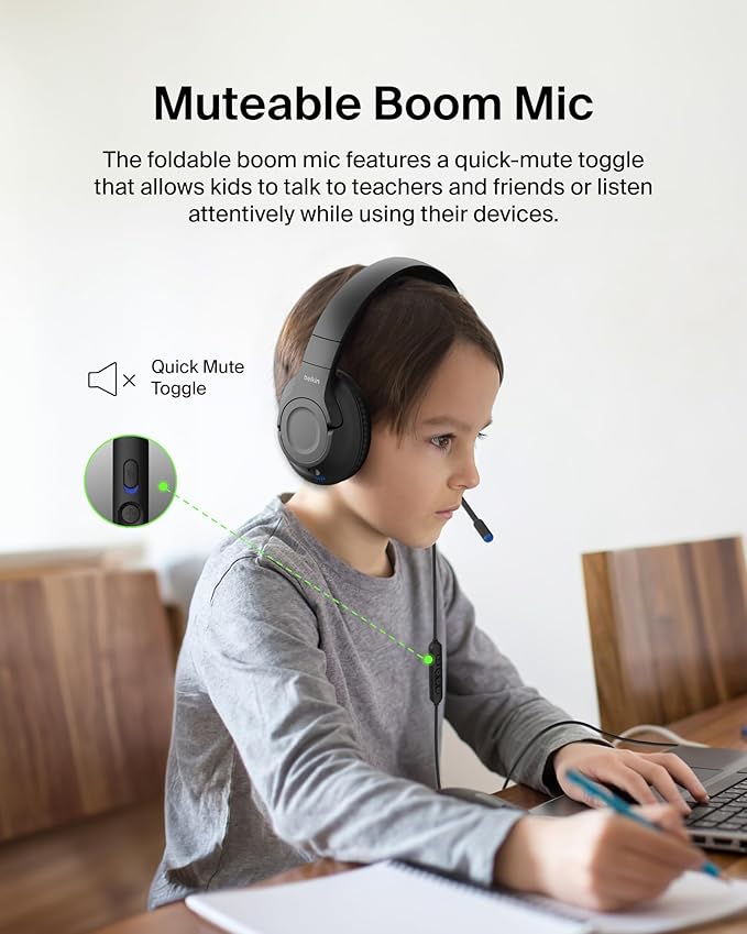 Belkin SoundForm Inspire Wired Over-Ear Headset for Kids, Online Learning & Travel w/Built-in Boom Mic, 85dB Safe Volume Limit - USB-C & 3.5mm - Compatible w/iPhone, iPad, Galaxy & More - Black