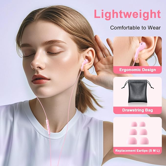 USB C Headphones Wired Earbuds for iPhone 17 16/15 Pro Max/iPad Pro, with HiFi Mic Volume Control Type C Earphones for Samsung Galaxy S25/S24/S23 Ultra, Noise Cancelling for iPhone 15 Headphones, Pink