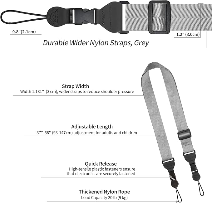 Adjustable Shoulder Strap, Nylon Camera Strap, Comfortable Neck Strap for iPad, Cellphone Tablet, Camera, Laptop, Binocular, Luggage Bag (Dark gray Universal Lanyard)