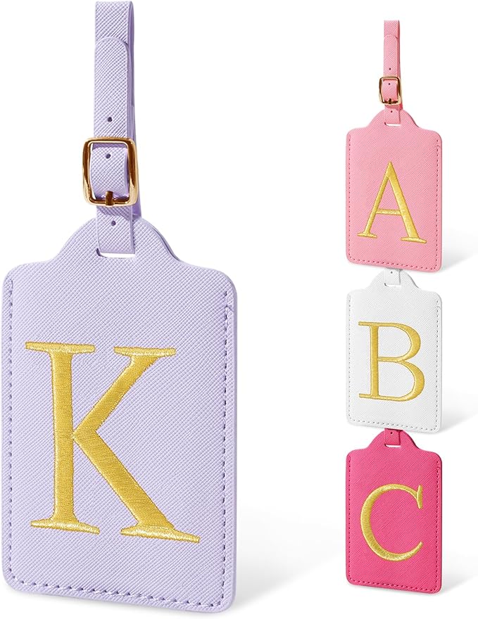 Personalized Initial Luggage Tags for Suitcases, Cute PU Leather Embroidered Letter Travel Luggage Tags, Suitcase Identifier Name Baggage Tag, Bag Tags for Men Women Kids Luggage Handbags(Purple K)