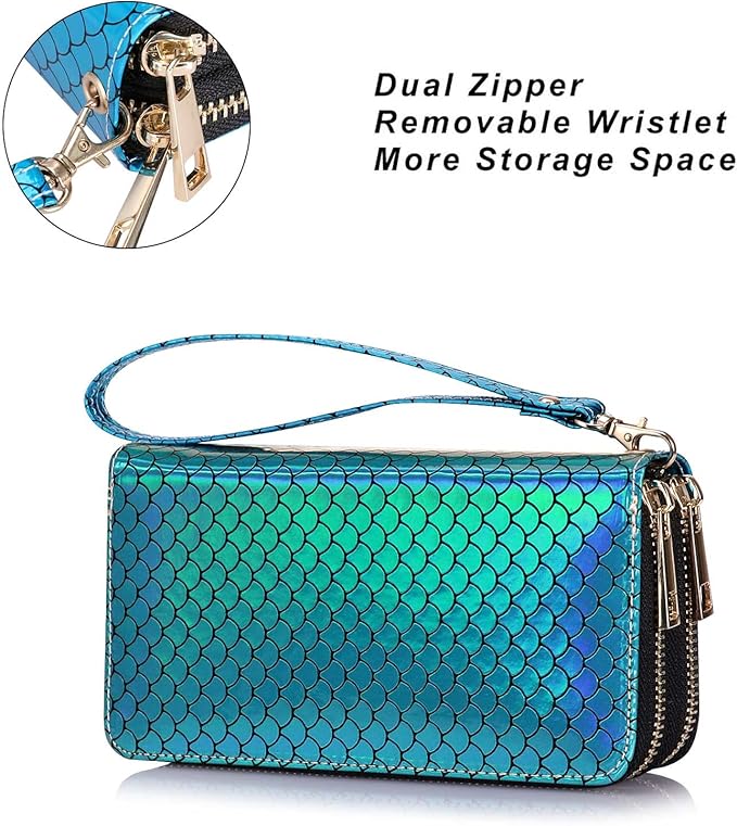 Cellphone Wallet for Women Dual Zipper Long Purse with Removable Wristlet