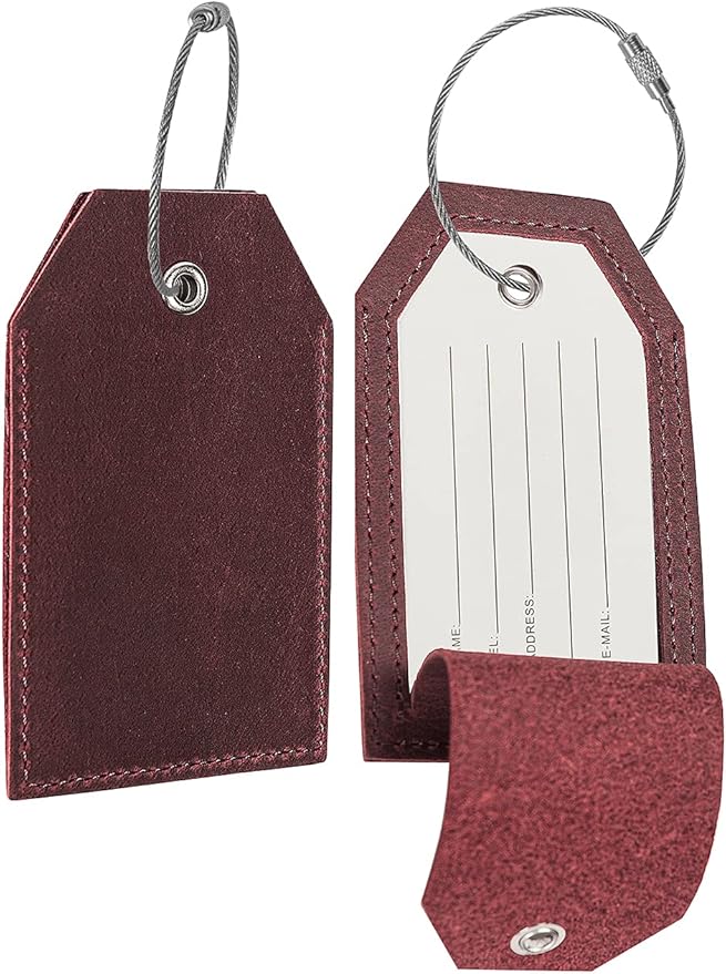 Genuine Leather Set of 2 Luggage Tag with Full Back Privacy Name ID Card Stainless Steel Loop Suitcase Labels Identifiers Baggage Tags Luggage for Women Men Travel (Wine Red)
