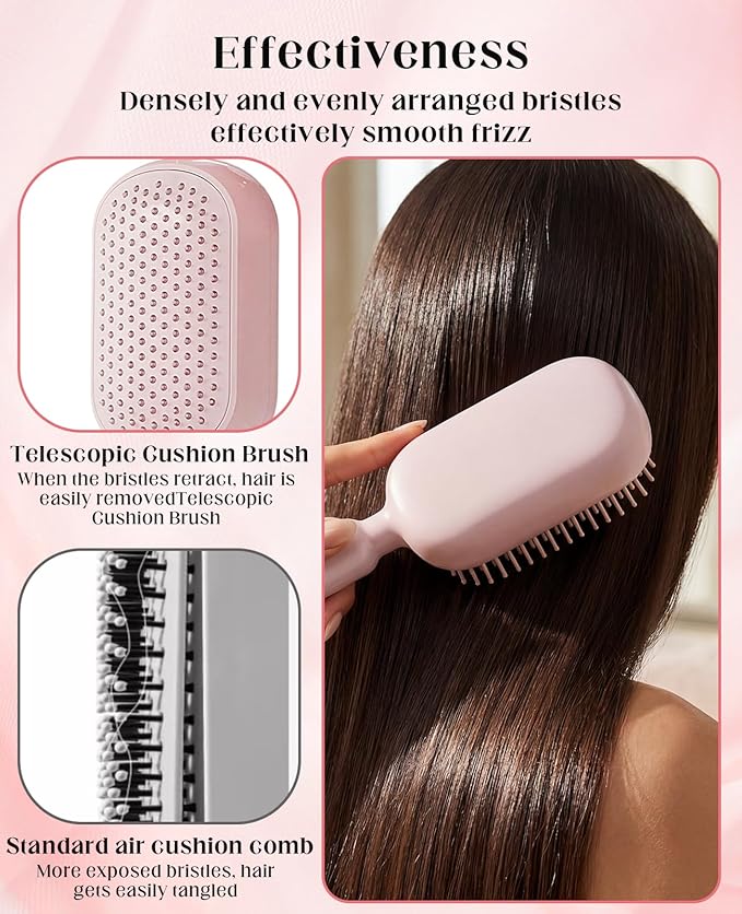 Retractable Self Cleaning Hair Brush for Women, Cleaning Portable Anti-Static Cushion Massage Hairbrush Comb
