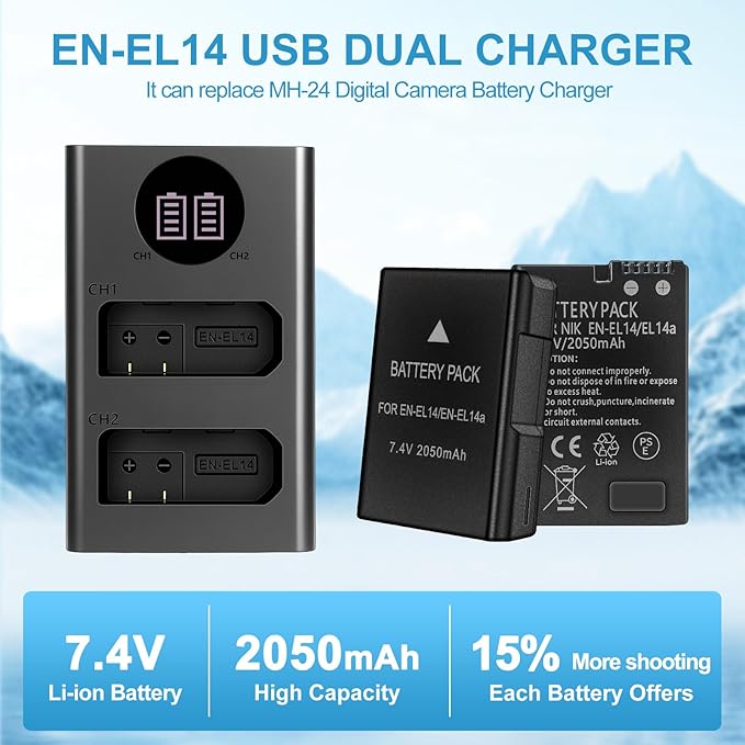 EN-EL14/EN-EL14a Battery, 2 Pack 2050mAh, with Dual Slot Fast USB Charger, Compatible with Nikon D5100 D3200 D5300 D3100 D5200 D3300 D5500 D3400 Df D3500 D5600 P7000 P7100 P7700 P7800 Digital Camera