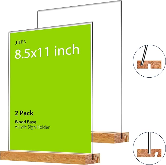 JDEA Acrylic Sign Holder with Wood Base 8.5x11 Inch Vertical and Slant Displays (2 Pack 8.5*11")