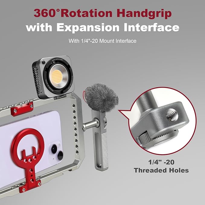 Magnetic Phone Cage with Handle,Smartphone Cage Kit with 360° Rotation Handgrip and Magnetic Sticker for Photography,Compatible with iPhone 17/16/15/14/13 Series and Andriod Phones (Silver+Red)