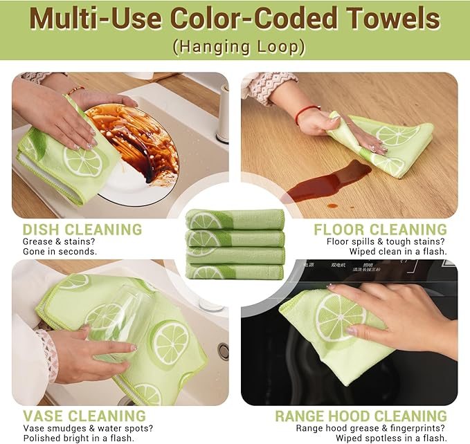 YUA Microfiber Cleaning Cloth 12 Pack,Microfiber Towels Cleaning,Microfiber Towels for Cars,Absorbent Dish Washing Cloth,Reusable Cleaning Cloths Lint Free (Green Lemon‌)