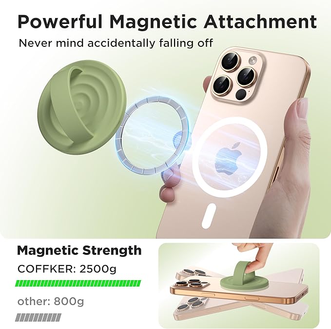 Magnetic Phone Grip Ring Holder, Liquid Silicone Magnet Cell Phone Grip Finger Loop, Compatible with Magsafe, Back of Phone for iPhone 17/16/15/14/13/12 Series, Tea Green