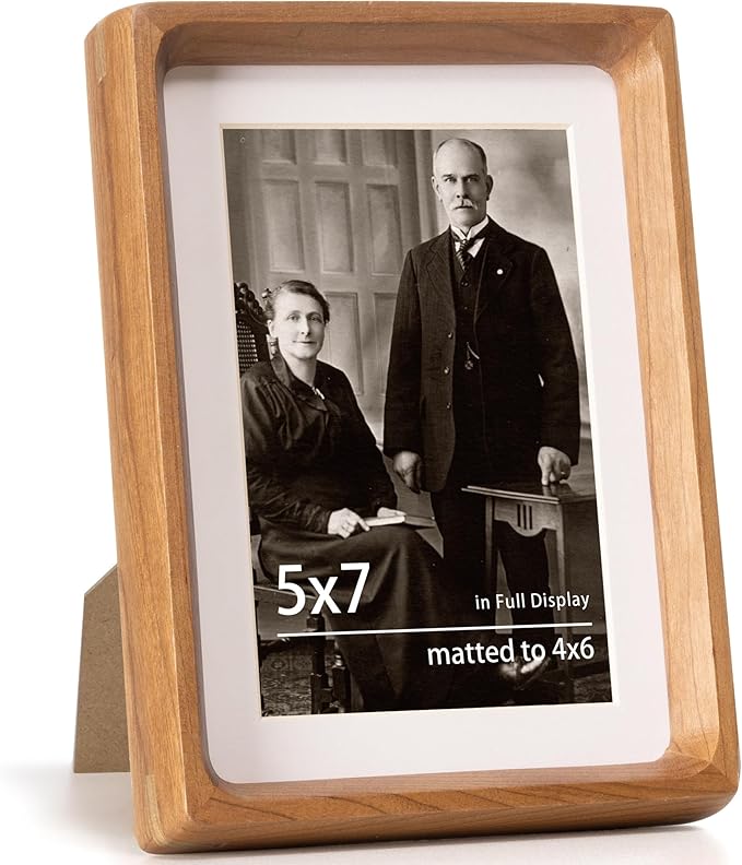 5x7 Picture Frame USA-Sourced Natural Cherry Wood Solid Original Wood Photo Frame Rounded Corner with Mat to 4x6 Picture Display with Real Glass Family Picture, Wedding Picture, Photo, Certificate