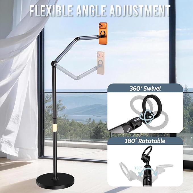 Magnetic Phone Floor Stand, Aluminum iPhone Overhead Stand with Adjustable Arm & Remote for Multi-Angle Creative Shooting, Stable Stand for iPhone/Android