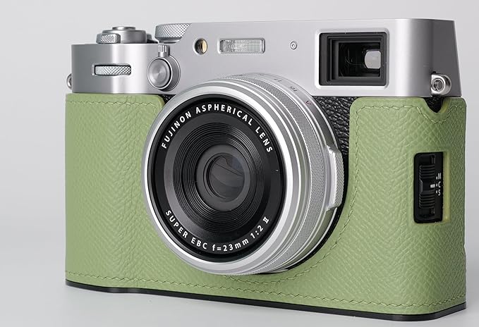 Genuine Leather Camera Half Case for Fujifilm X100VI - Top Layer Cowhide Body + Metal Base Plate - Hand Shank Free Design (Shallow Green)