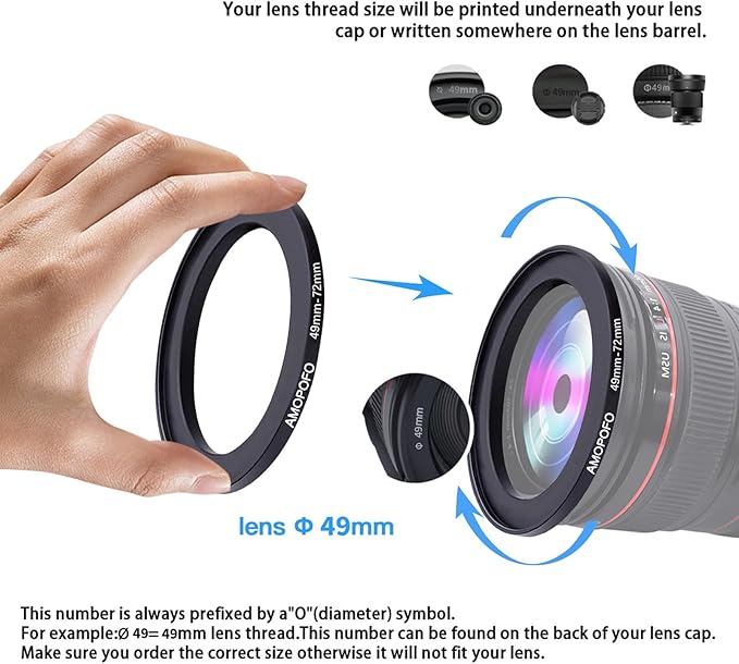 49mm to 72mm Step-Up Ring Filter adapter/49mm to 72mm Camera Filter Ring ;Compatible All Brands 49 mm Lens and 72 mm UV,ND,CPL,Metal Step Up Ring