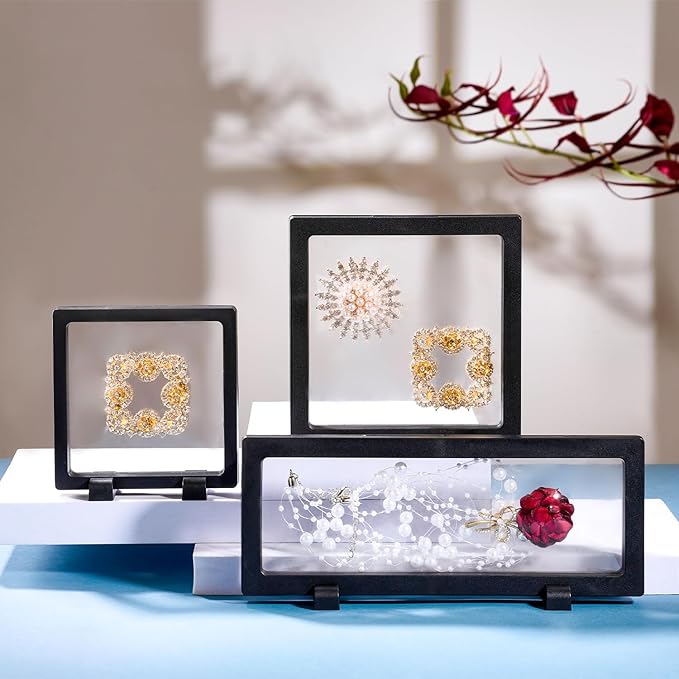 3PCS 3D Transparent Floating Frame with Stand, Challenge Coin Display Holder, Floating Display Case for Jewelry, Medals, Specimens, Small Items, Fossils Rocks,9.1 x 3.5 inch