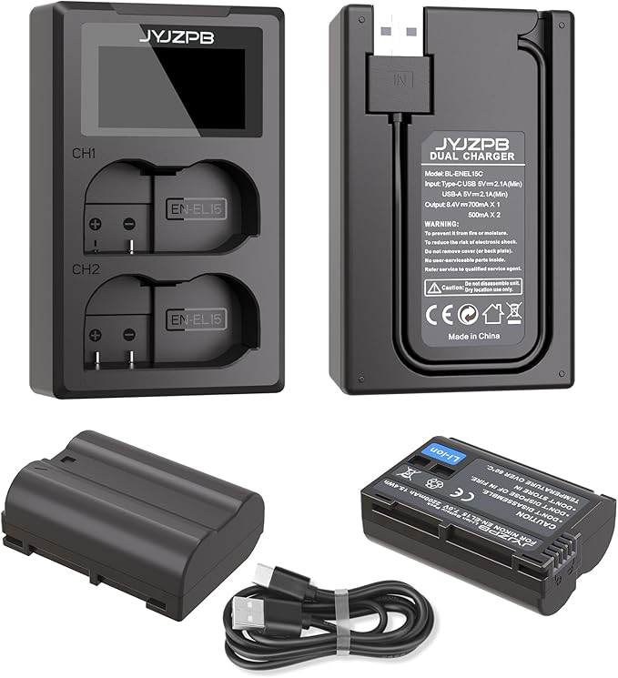 JYJZPB EN-EL15C Battery Charger Set with Built in Cable Compatible for Nikon D7000 D7100 D7200 D7500 D750 ZF Z6 Z6 ii Z7 Z8 D500 D850 ZR Camera Battery