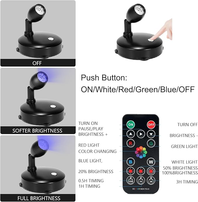 Cordless Spotlight Battery Operated, RGB Accent Lights with Remote, Dimmable Spot Light for Indoor Plant Tree, Stick Up Lighting for Picture Painting Dartboard Wall Decor Art Photo