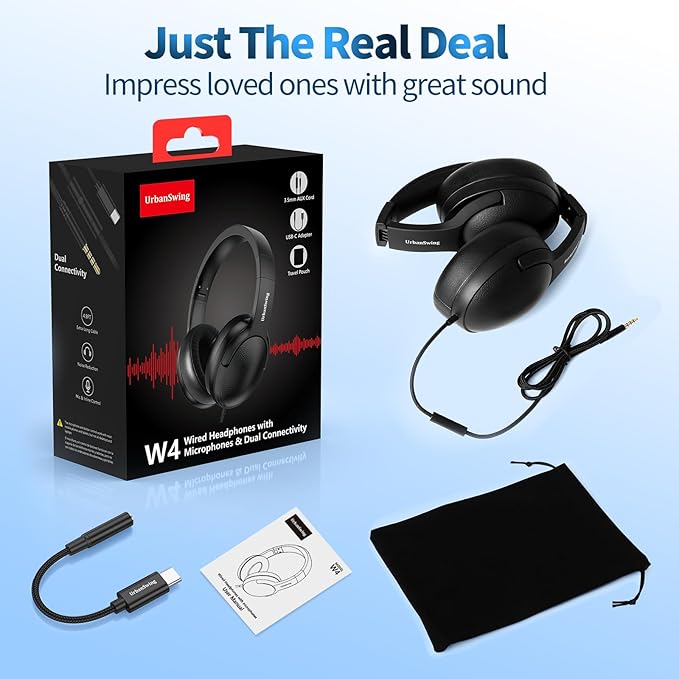 W4 Sturdy Over Ear Headphones with USB C Adapter, 3.5mm Wired Headset with Mic for Adults & Teens, School, Travel, Braided Long Wire, Velvet Pouch, for iPhone 17/16, Samsung, iPad, Black