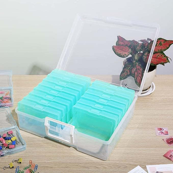 Naivees 4" x 6" Photo Storage Case with Handle, 16 Inner Photo Organizer Keeper, Extra Large Storage Picture Boxes, Seed Storage, Transparent Craft Keeper (Green)