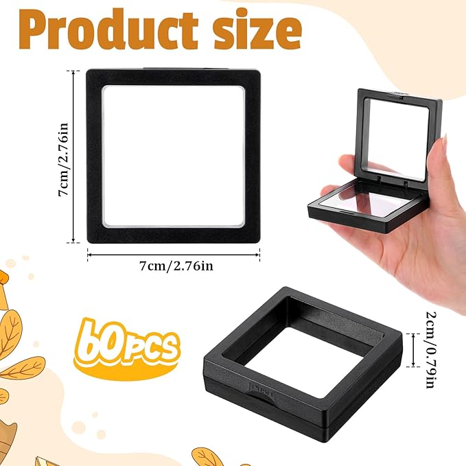 60 Pcs 3D Floating Display Case, Coin Display Case Black, 2.8 x 2.8 x 0.8 Inch Coin Frame Display-Holder Stands 3D Floating Jewelry Frame for Jewelry Shells Specimen Pins