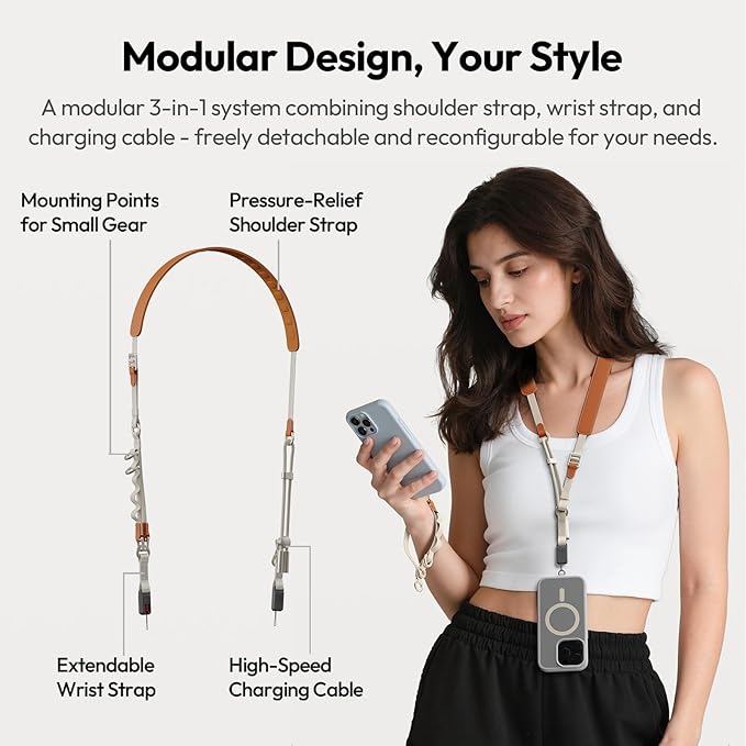 ULANZI YF01 Camera Strap with USB C Cable, 3-in-1 Modular Quick Release Neck Shoulder Wrist Strap 71.9inch Length Adjustment, Multi-Use Convertible Crossbody Sling for DSLR Mirrorless Phone(Orange)