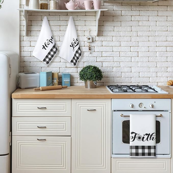 Preboun 6 Pcs Christmas Buffalo Plaid Kitchen Towels Black and White Dish Hand Towels for Kitchen Love Home Family Tea Cloth Decorative Farmhouse Absorbent for Bathroom Decor