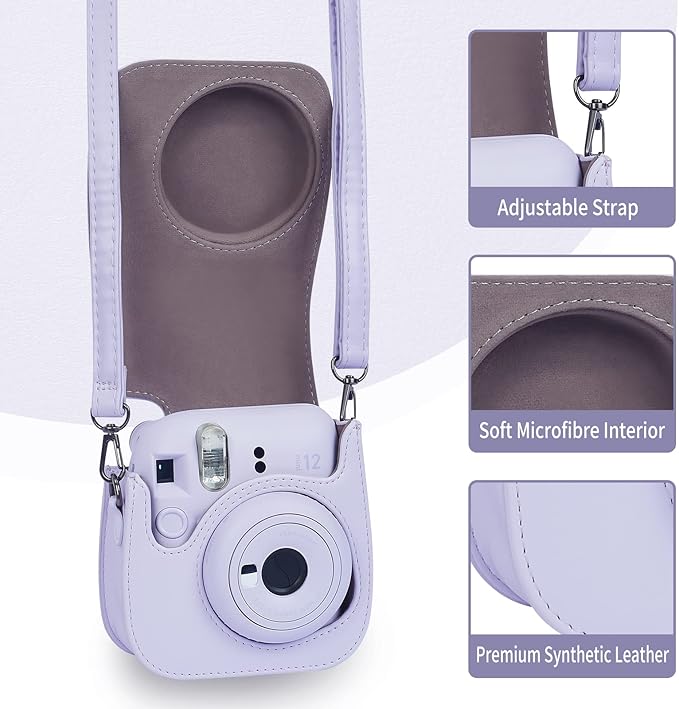 Phetium Instant mini 12 Camera Protective Case Compatible with Instax Mini 12 11,PU Leather Bag with Pocket and Adjustable Shoulder Strap (Lilac Purple)