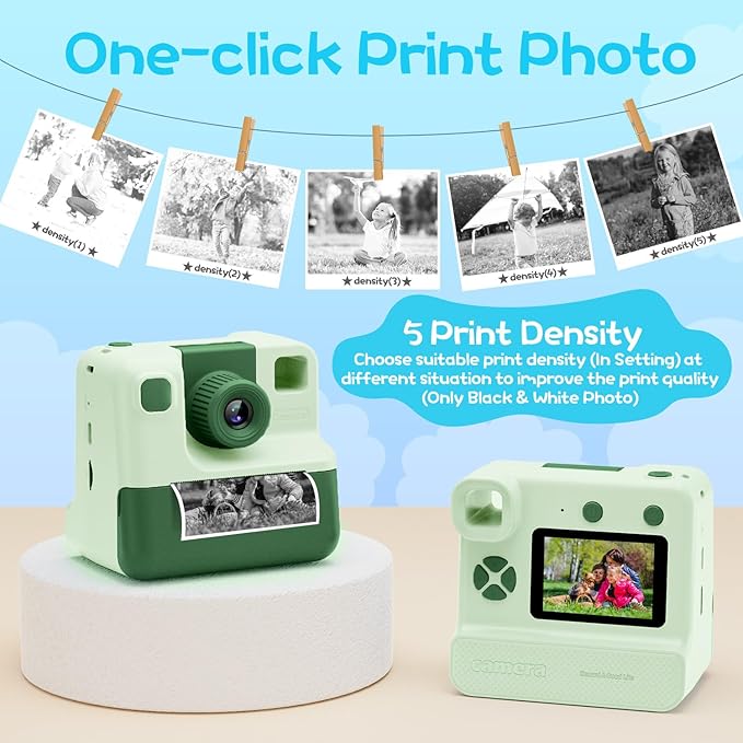 Kids Camera Instant Print, Christmas Birthday Gifts for Girl Boys 3-12 Years Old, FHD Selfie Digital Video Cameras Toddler 3 Rolls Print Paper & 32G Card (Retro, Green-White)