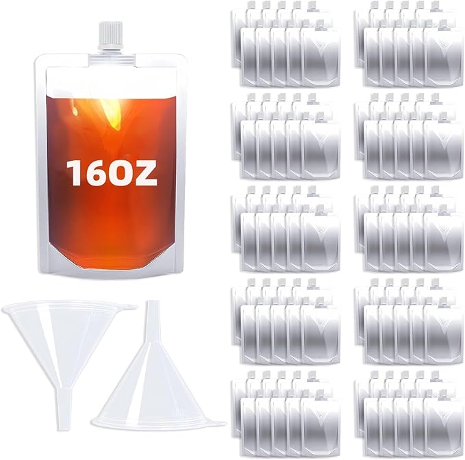 16OZ 100PCS Plastic Flasks,Reusable Drink Pouches with Funnel,Spouted Drinking Bags for Liquid Juice,Leak-Proof Food Grade for Travel Outdoor Sports Concert Cruise Events