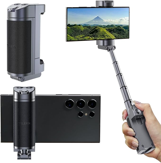 TELESIN Phone Camera Grip for Smartphone, Bluetooth Mobile Phones Handle Holder, Phone Shutter Grip Selfie Stick with Detachable Remote for One-Handed Control for iPhone Samsung Android Video Shooting
