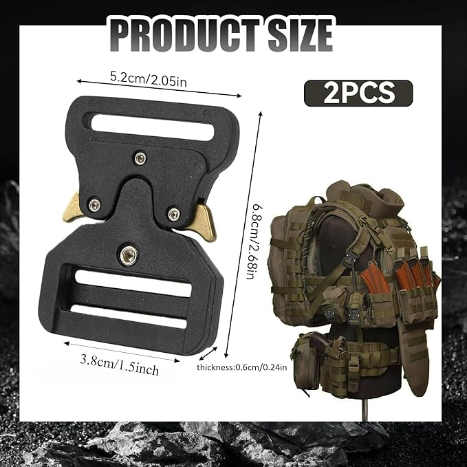 2 Pack Tactical Belt Buckles, 1.5 inch Heavy Duty Plastic Quick Release Buckles for Collar, Backpack, Luggage Strap, Adjustable No-Sew Belt Clip Replacement (Black)