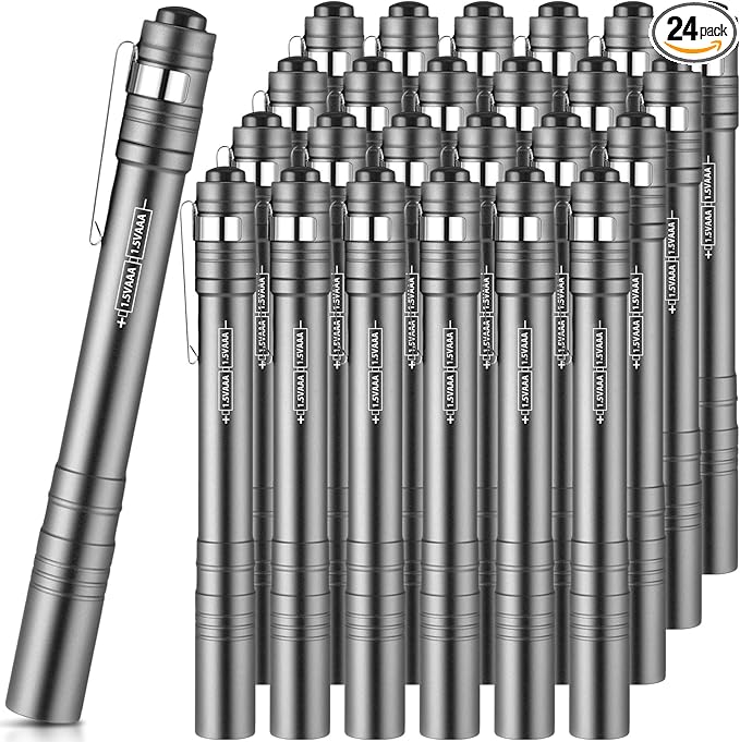 24 Pack Christmas Mini Pen Flashlights Bulk Gifts LED Pen Lights Aluminum Pocket Flashlights with Clips Small Handheld Torches for Men Camping Hiking Emergency Outdoor (Silver Gray)