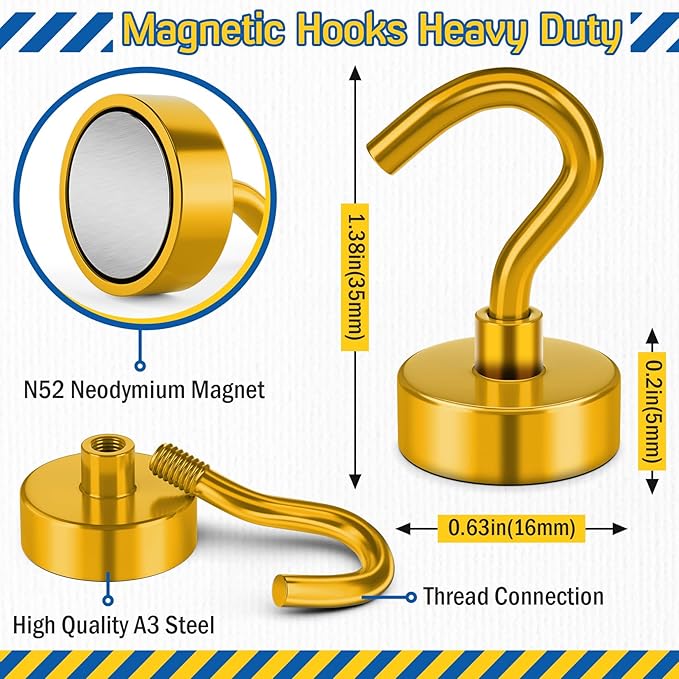 FINDMAG Magnetic Hooks for Cruise Cabins, 30lbs Powerful Magnets with Hooks, N52 Rare Earth Magnetic Hooks for Hanging, Strong Magnet Hooks Heavy Duty for Kitchen, Workshop, Tool, Travel, 6 Pack, Gold