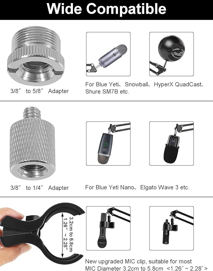 Mic Stand Floor Boom Arm for Blue Yeti, Nano, Snowball, HyperX QuadCast, SM7B MV7, Fifine K688 and More Mic, Floor Microphone Stand with 3/8" to 5/8" 1/4" Screw, Pop Filter Mic Clip Cable Ties