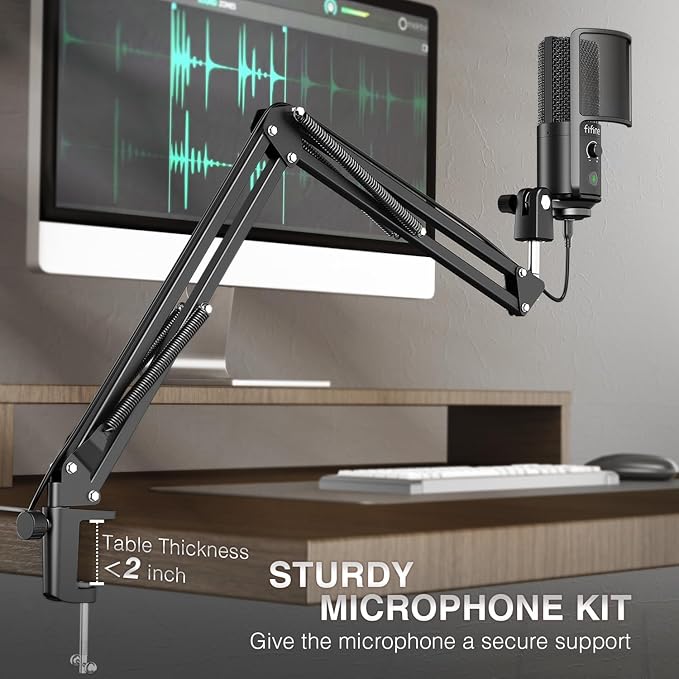 FIFINE USB Podcast Microphone, PC Computer Condenser Microphone Plug & Play Mic Kit with Boom Arm Stand, 16MM Large Diaphragm, Mute Button for Recording Singing Streaming YouTube Gaming-T669PRO1