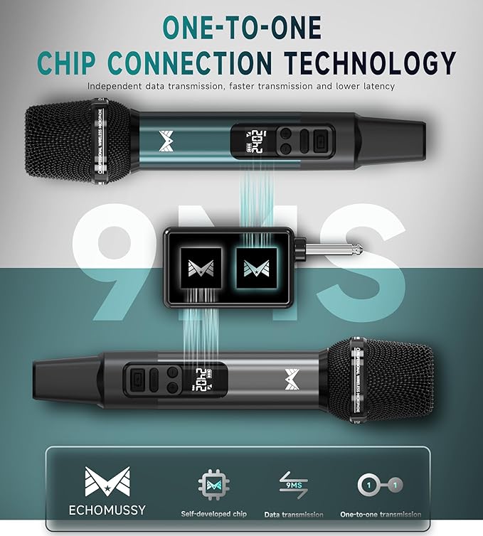 Wireless Microphone, Metal Dynamic Wireless Microphones with One-to-One Chip Connection and Rechargeable Receiver, 40H Duration, 200FT Range Receiving, Volume Control Karaoke Microphone for Singing