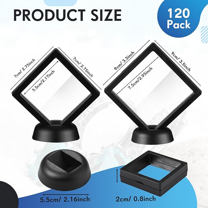 60 Pcs 3D Floating Display Case PE Film Jewelry Storage Box Coins Display Frame Holder Stands for Antique Challenge Coins, Medallion Shells Gems Rocks Pins (Black,3.5 Inch, 2.76 Inch)
